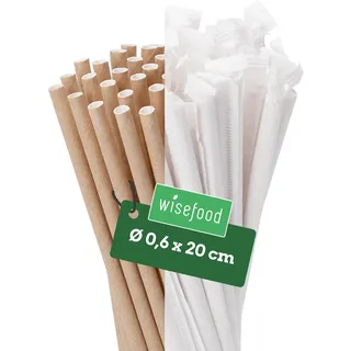 Wisefood® Strohhalme Papier [20 cm Ø 6] Party Deko [Einzeln verpackt - Braun] alternative Strohhalme Plastik-frei für Geburtstag Hochzeit DIY [500 Stk] für Getränke Cola Energy Drink Limo Bio