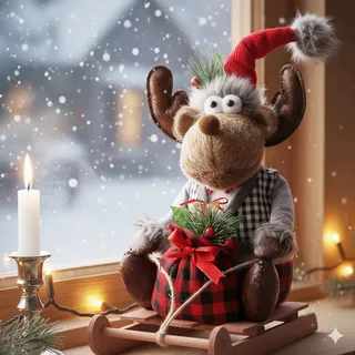 KAMACA Deko Elch Rentier-Junge auf Schitten mit Weste & Mütze Weihnachtsdeko im Skandi-Look Fensterbank Kommode Geschenkidee Dekoidee Winter Weihnachten (Rentier Junge auf Schlitten 40 cm Höhe)