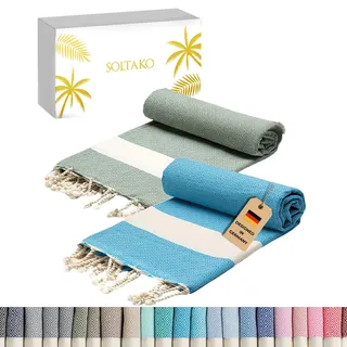 SOLTAKO XXL Strandtuch groß 100x200 Baumwolle Saunatuch Badetuch Hamamtuch Yoga Decke Pestemal Damen Herren Geschenkset extra groß leicht Türkis/Khaki