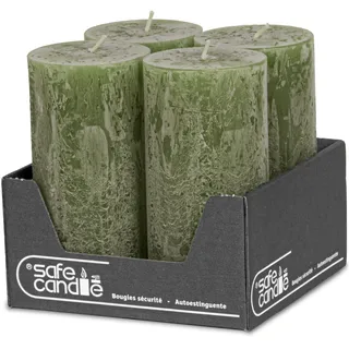 DecoLite: Stumpenkerzen Rustik 4er Set 140x70 mm | Selbstverlöschend Safe Candle | Durchgefärbt RAL-zertifiziert | Brenndauer ca. 69h | Made in Germany | Rustik Deko Kerzen (olive)