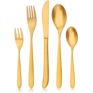 Matt Gold Besteck Set, Bettlife 30-teilig Besteckset für 6 Personen mit Messer/Gabel/Löffel, Edelstahl Essbesteck, Menübesteck Tafelbesteck Set, Spülmaschinenfest
