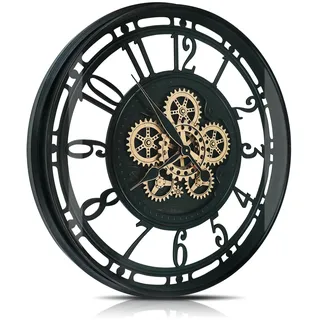 DORBOKER Wanduhr Groß mit Beweglichen Zahnrädern Moderne Industrial Steampunk XXL Vintage Retro Antike Metall Uhr für Küche Wohnzimmer Zuhause Bar Schule(70cm, Schwarzes Gold Arabische Ziffern)