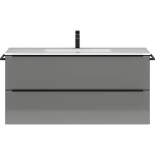 Badezimmer Waschtisch mit Waschbecken und 1 seitl. Handtuchhalter in schwarz, Hochglanz grau, Griffleisten schwarz, PALERMO-136-GREY, B/H/T ca. 126/59,1/48,7 cm - Grau