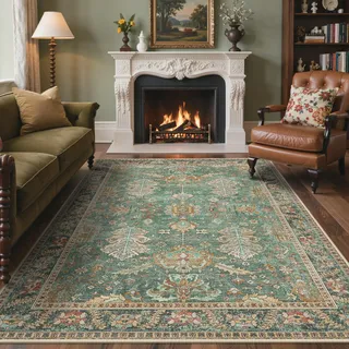BEIMO Vintage Waschbarer Teppich Wohnzimmer, 200x290cm Moosgrün | Boho Orientalisch, Großer Weicher Kurzflor Carpet mit Rutschfester für Küche und Bettvorleger Schlafzimmer