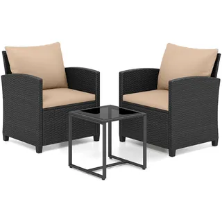 FANTASK Rattan Gartenmöbel 3er Set, Balkonmöbel inkl. 2 Rattanstühle & Gartentisch aus PE-Rattan, Gartenlounge Set mit abnehmbaren Kissen, Outdoor Sitzgruppe für Garten Pool (Schwarz-Khaki)
