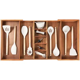 KitchenEdge Hochwertiger Besteck- und Utensilien-Organizer für Küchenschubladen, erweiterbar 40,6 bis 71,1 cm breit, 10 Fächer, lebensmittelechtes Premium-Akazienholz-Finish, Küchen-Ablagetablett
