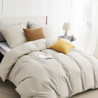 BEDSURE Bettwäsche 200x200 3teilig Leinen - 1 Bettbezug 200x200 cm + 2 Kissenbezüge 80X80 cm, ÖKO-TEX Bettwäsche-Sets Beige Polyester Mikrofaser mit Reißverschluss