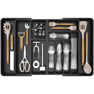 Unyqoos® Verstellbarer Besteckkasten für Schubladen 54,1–91,4 cm – Organizer mit 11 Fächern, abnehmbare Lade, BPA‐freier Kunststoff - Schwarz