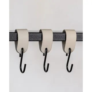 Metallbude Kleiderhaken S-Haken - 3er Set in Beige/Schwarz - Modernes Design - Garderobenhaken aus Hochwertiger Lederschlaufe & Stahl - 10 cm