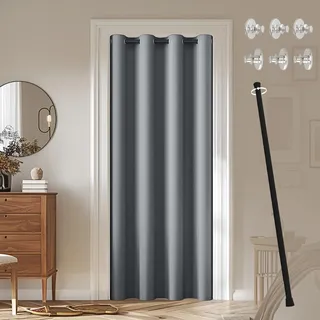 JCyh blickdichter Türvorhang mit Teleskopstange, einfache Montage ohne Bohren, 1 Stück Verdunkelungsvorhang Grau H 195 x B 132 cm für Zimmer tür, Stange Schwarz 70-128 cm