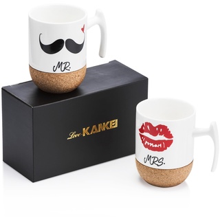 Love-KANKEI MR MRS Tassen Kaffeetassen Hochzeitsgeschenk Tassen für Paare 300ml, Korkboden Design Keramik, Geschenk für Pärchen Brautpaar Ehepaar zur Hochzeit Valentinstag Weihnachten