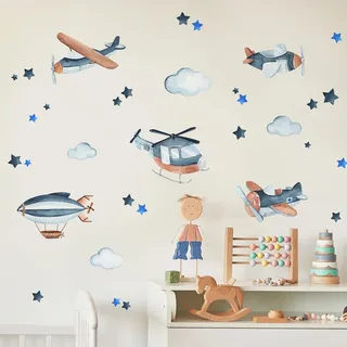 Tanlaby Raumschiffe Flugzeuge Wandsticker Blaue Wolken Sterne Wandtattoo Selbstklebend Wandaufkleber Abnehmbare Wandkunst Aufkleber für Kinderzimmer Kinderzimmer Spielzimmer Wanddekoration