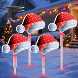 Quntis LED Gartenstecker Weihnachten mit Erdspieß 3D-Tunneleffekt 4 Weihnachtsmütze Strombetriebene Weihnachtsdeko Gartendeko, IP44 wasserdichte Weihnachtsbeleuchtung Outdoor für Hof Weg Balkon