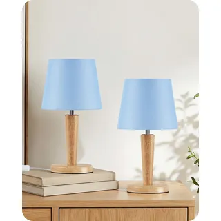 GOEBLESON Nachttischlampe aus Holz 2er Set, Blau Tischlampe mit Leinen Lampenschirm, E27 Fassung mit Birne, 3000K/4000K/6500K, für Wohnzimmer, Schlafzimmer, Fensterbank ZMU13TLDP205