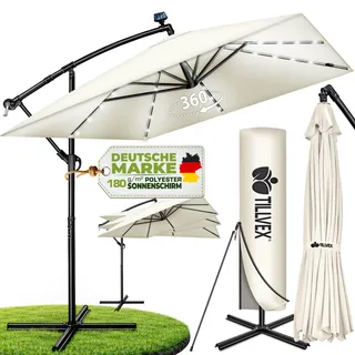 tillvex® Alu Sonnenschirm Rechteckig Ø 330 cm mit LED Solar Navy-Blau + Abdeckung mit Kurbel | Ampelschirm mit Ständer | Gartenschirm UV-Schutz, wasserdicht, 360° drehbar | Kurbelschirm Marktschirm - Beige