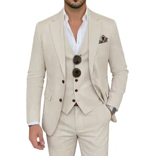 ZKHOECR Herrenanzug, 3-teilig, Leinen, schmale Passform, Blazer, Weste, Hose, Set, Hochzeit, Abschlussball, Smoking, Business, Freizeitanzug, Beige, L