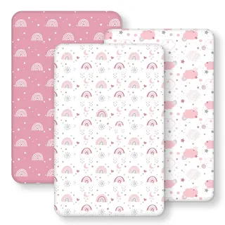 FIEMOL Baby Spannbettlaken Beistellbett 55x90 cm Spannbetttuch, 3er-Pack Mikrofaser Bettlaken Beistellbett, Ultrasanft & Seidigglatt Rosa Regenbogen