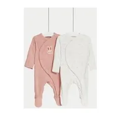 Girls M&S Collection 2pk Pure Cotton Bunny Sleepsuits (61⁄2lbs-3 Yrs) - Rose Mix, Rose Mix - 3-6 M