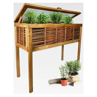 Weidenhochbeet 100x40x80 cm – Hochbeet aus lasiertem Fichtenholz mit geflochtenen Weidenelementen, Polycarbonat-Abdeckung, Pflanzvlies – Geeignet für Balkon, Terrasse und Garten