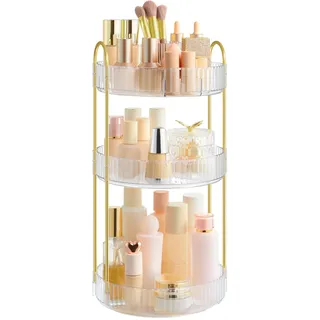 SONGMICS Make-up Organizer drehbar, Kosmetik-Organizer rund, 3 Ebenen, Kosmetik Aufbewahrung, anpassbar, für Schminktisch, Geschenkidee, transparent JKA011W02