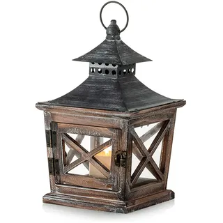 NUPTIO Laternen Holzlaterne Deko Holz: Laterne Wohnzimmer Holzlaternen Vintage Dekolaterne Kerzenhalter aus Metall & Glas für Halloween Wohnzimmer Kamin Tafelaufsätze Tischdekoration, 27cm Höhe