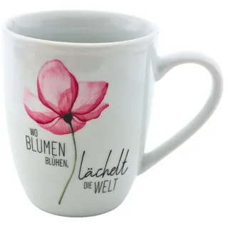 Kaffeebecher/Tasse aus Porzellan, Motiv: Blüte, Wo Blumen blühen, lächelt die Welt, Größe H/Ø: 10 x 8 cm, Fassungsvermögen 250 ml, Spülmaschinengeeignet.