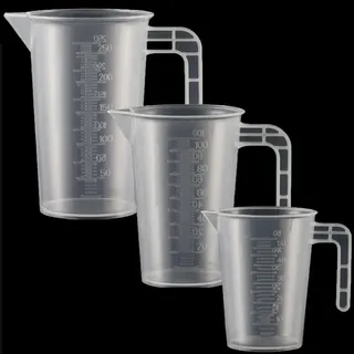 3 Stück Messbecher Kunststoff Set Mit Griff und Gramm Skala 50ml+100ml+250ml, Hitzebeständig Präzision Messbecher für Waschmittel, Küche, Labor, die Autopflege feine Skala Lebensmittelecht Transparent