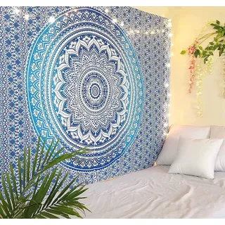 RAJRANG Blauer Mandala Wandteppich aus Baumwolle 228 x 213 cm Ombre Hippie Tapestry Großes Wandtuch für Schlafzimmer Wohnzimmer Deko