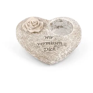 Novaliv Grabschmuck Herz Grau mit Rose Spruch Wir vermissen Dich Grabdeko Grabherz Wetterfest Grabdekoration Gedenkstein Teelichthalter Trauerstein