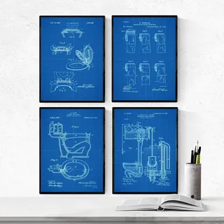Nacnic BLAU Badezimmer Patent Poster 4er-Set. Vintage Stil Wanddekoration Abbildung von Toiletten, Klopapier und Alte Erfindungen. Verschiedene geometrische Klempnerei Bilder ohne Rahmen. Größe A4.