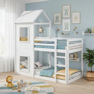 Flieks Hochbett Etagenbett 90x200cm mit Lattenrost und Leiter, Hausbett Kinderbett Kiefer Massivholzbett für 2 Kinder Stockbett, ohne Matratze, Weiß - Weiß