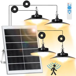 LED Solarlampe Bewegungsmelder Außen Pendelleuchte IP65 Wasserdicht Gartenleuchte Dimmbar 5 Modi mit Fernbedienung, Warmweiß, 4 Lampe