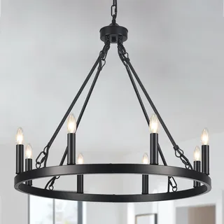 ASHUAQI Kronleuchter Schwarz, 8 Flammig Wagenrad Kronleuchter Vintage im Landhausstil, Industrial Rustikal Hängelampe Lüster Pendelleuchte für Wohnzimmer, Esszimmer, Küche, Schlafzimmer, Flur
