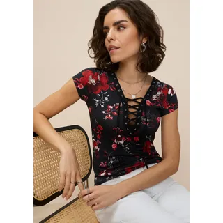 T-Shirt LAURA SCOTT, Damen, Gr. 48, schwarz, Jersey, Obermaterial: 95% Viskose, 5% Elasthan, bedruckt, geblümt, gemustert, mehrfarbig, figurbetont hüftbedeckend, tiefer V-Ausschnitt, Shirts T-Shirt, figurbetont, tiefer V-Ausschnitt, elastisches Material, Topseller