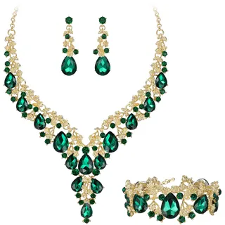 Clearine Damen Hochzeit Braut österreichischen Kristall Teardrop Blume Cluster Statement Halskette Ohrringe und Armband Schmuck-Set für Prom Smaragd Farbe Gold-Ton
