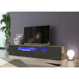 Dmora - TV-Schrank Jesse, niedriges Wohnzimmer-Sideboard mit 3 Türen, Fernsehständer-Basis, 100 % Made in Italy, 200 x 40 x 37 cm, Ahorn und Schiefer, mit LED-Licht