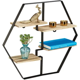 Relaxdays Hexagon Regal für die Wand, 4 Ablagen, Holz & Eisen, sechseckiges Wandregal HBT 52x60x12 cm, schwarz/natur