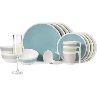Melamin Camping Geschirr Set 4 Personen Harmonie 16 Teilig + Milano Gläser Champagner-Gläser Flûtes Tafelgeschirr Picknick BBQ Kochgeschirr - Creme, Beige