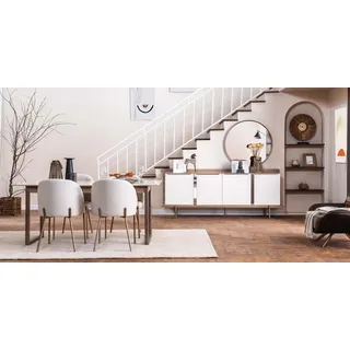 Moderne Weiße Esszimmer Garnitur Esstisch 4x Polsterstühle Edle Anrichte - Weiß, Hellbraun