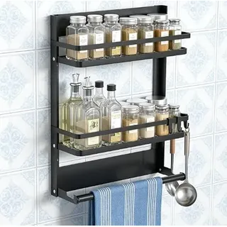 Zenquira Gewürzregal Wand Ohne Bohren, Küchenregal Hängend mit Küchenrollenhalter und 4 Haken, Spice Rack für Küchen Organizer