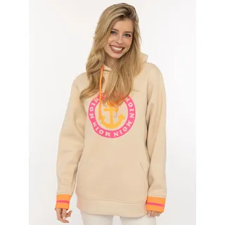 Hoodie ZWILLINGSHERZ, Damen, Gr. S/M, beige, Sweatware, Obermaterial: 50% Baumwolle, 50% Polyester, normal hüftlang, hoch geschlossener Ausschnitt, Bündchen, Sweatshirts Hoodie, Langarm, Kapuze, Neon-Details, Kordelzug, Frontprint, Kängurutasche
