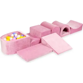 Der größte Schaumstoffspielplatz mit Pool, Micro Velvet Soft Pink + 100 Bälle: Heidekraut, Gelb, Puderrosa, Perlmutt