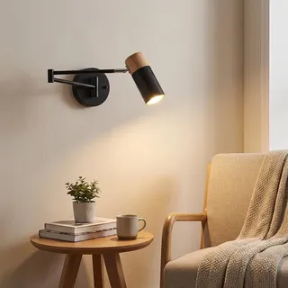BARCELONA LED Wandleuchte Skandinavisch Ausziehbar LOGAN E27 G45 Holz & Schwarz Metall, 360° Gelenkarm Vintage Industrial Modern Design, Leselampe Schlafzimmer Wohnzimmer Innen IP20