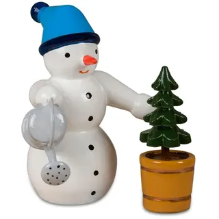 Holzfigur Schneemann mit blauer Mütze, Gießkanne und Tannenbäumchen Höhe 6,5cm