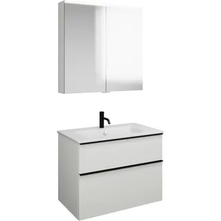 burgbad Eqio Set, bestehend aus Spiegelschrank, Keramik-Waschtisch Slim und Waschtischunterschrank, Breite 820mm, SHCP082F6582C0001G0252, Farbe: Weiß Matt / Weiß Matt, Griffleiste Schwarz Matt G0252
