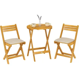 Outsunny Balkonmöbel Set 3 Teilig Akazienholz Gartenmöbel Naturholz | Klappbar, Runder Tisch, 2 Stühle, Sitzkissen, Atmungsaktiv Lamellsitz, Balcony Furniture Sitzgruppe, Für Garten Balkon