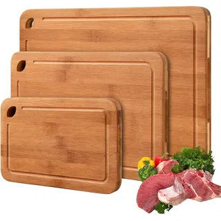 Schneidebrett Holz 3er Set Bambus Brett Schneidebretter Holzbrett Küche Holzschneidebrett Holzbretter Küchenbrett Holz Cutting Board Brotschneidebrett Frühstücksbrettchen Brettchen Groß&Klein (Braun)