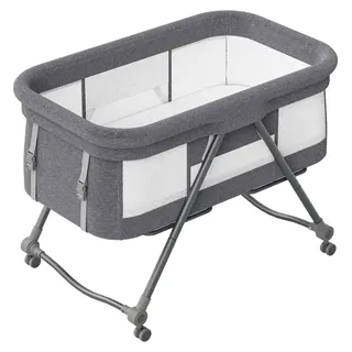 Reisebett Baby - Bravo Basic Babybett - Faltbar Tragbar - Beistellbett - Schaukel-Funktion - Leise Rollen - Für 1–2 Jahre - Kohlenstoffstahlrahmen - Grau