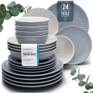Hygge Geschirrset 24 tlg. für 6 Personen — Skandinavisches Steingut Tafelservice mit Riffelstruktur, Spülmaschinenfest, Mikrowellengeeignet, Komplett-Set in Graublau (PURE LIVING)