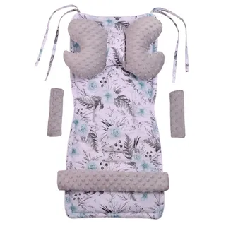 Medi Partners Sitzauflage Kinderwagen Buggy Baby Sommer Kindersitz Einlage Universal - 5tgl Gurtpolster + Spielbogen Kinderwagenset Babyschale (Blument mit grauen Minky)
